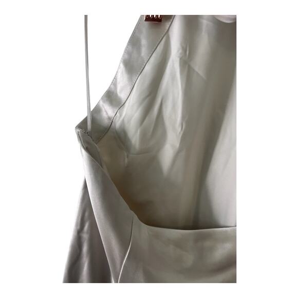 Milly Roux Hammered Satin Dress Halter Neck Ruched Ruffle Side Slit Silver Sz 8 - Picture 16 of 16